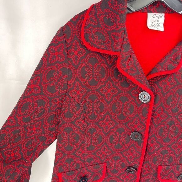 Cafe Au Lait Womens Vintage Blazer Jacket Patterned Button Up Black Red Large - Picture 7 of 10